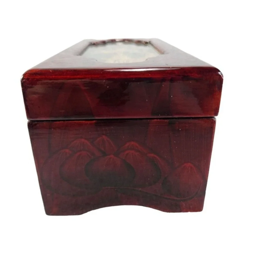 Lacquered Wood Jewelry Box Cork Diorama Pagoda Cranes Footed‎ Trinket Box READ